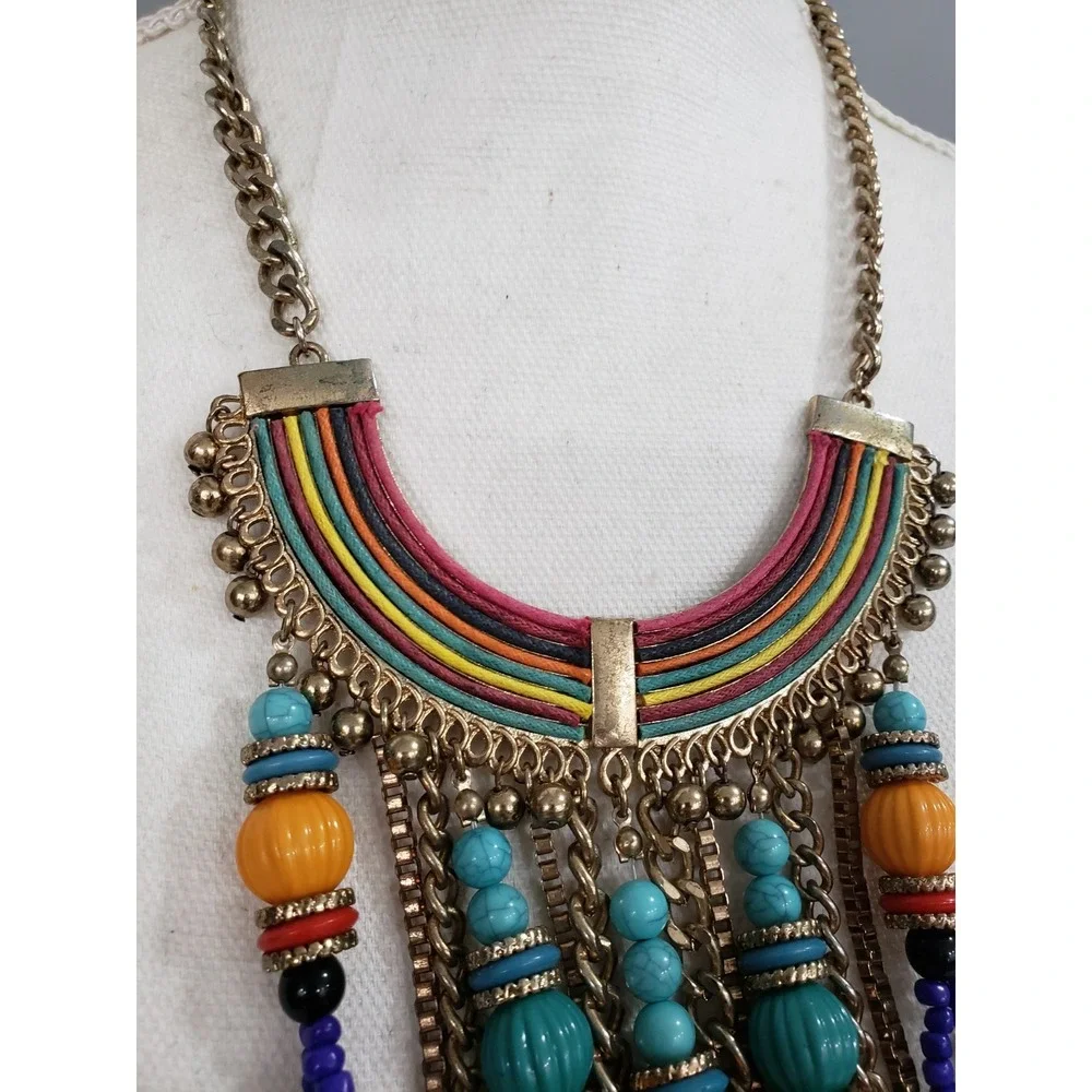 TRIBAL FASHION NECKLACE BIB STATEMENT RAINBOW CRESCENT MOON HIPPIE NECKLACE BOHO